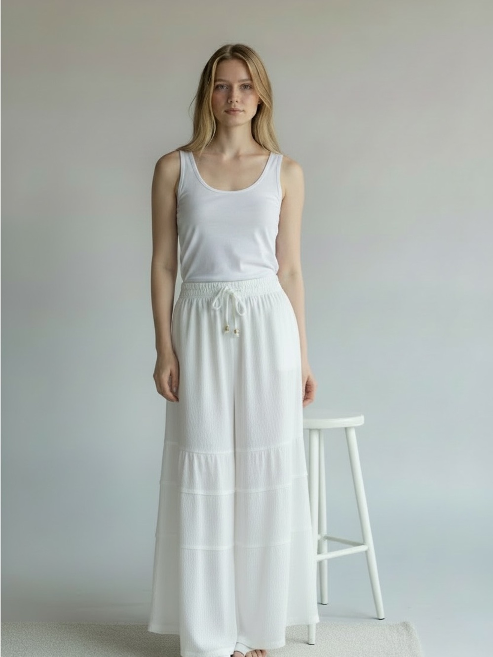 Young Threads White Wide-Leg Drawstring Palazzo Pants